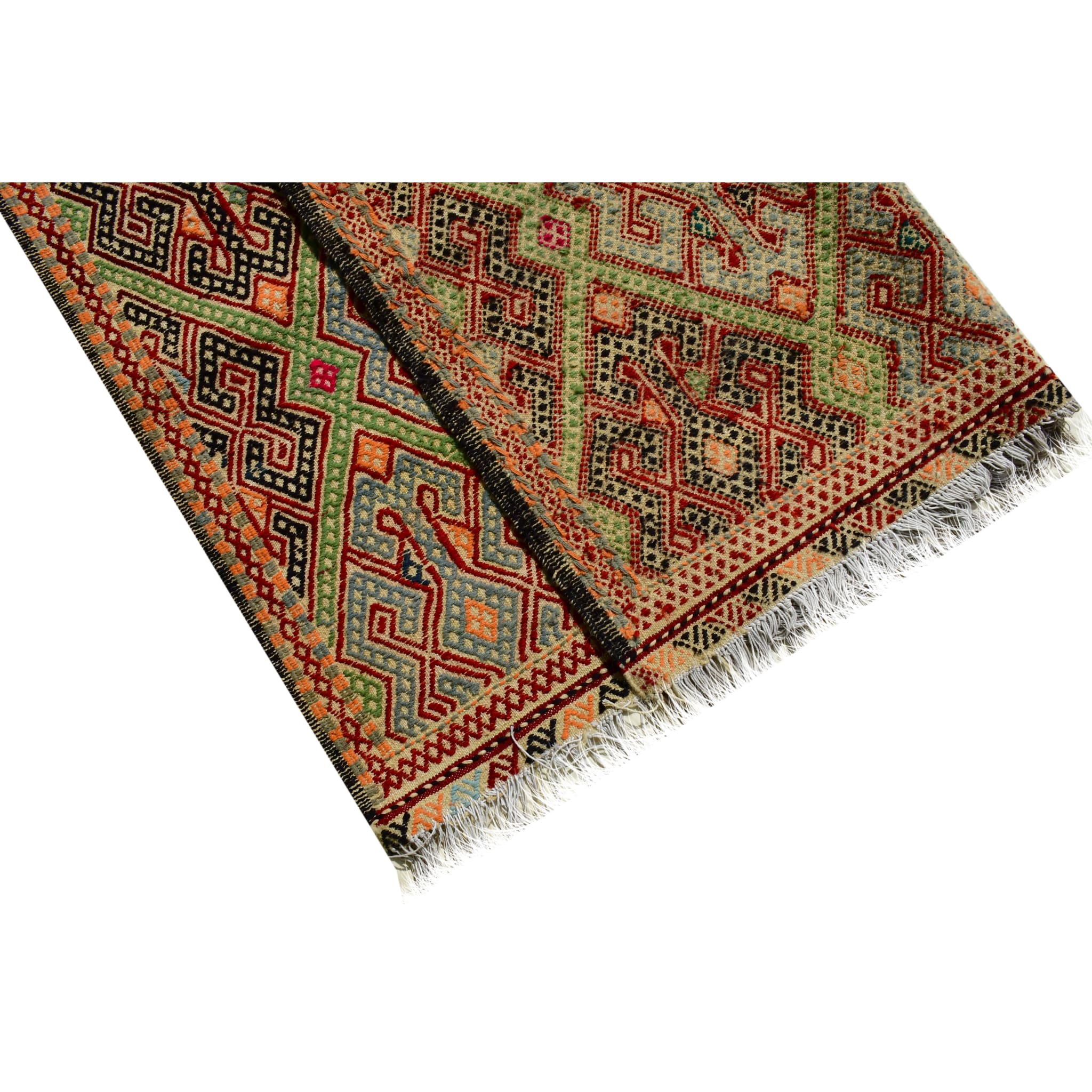 Handmade Afghan Aqcha Wool Rug 5x7 ft close-up of cruciform motif within green diamond lattice