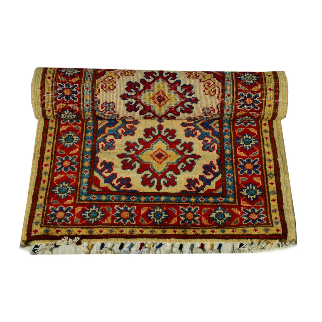 Handmade Afghan Aqcha Wool Rug 2x6 ft stacked view showing flexibility and pattern continuity