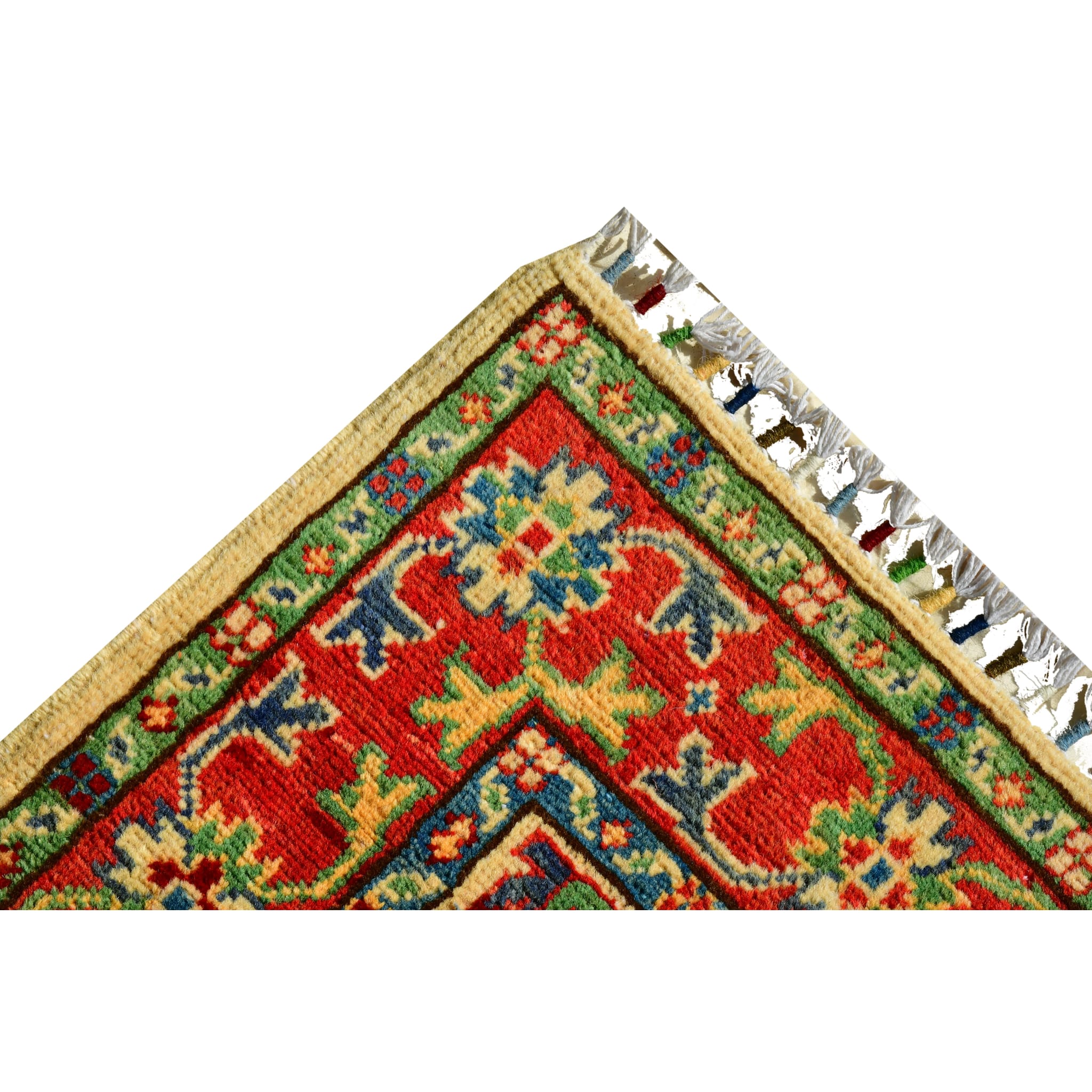 Handmade Afghan Aqcha Wool Rug 3x5 ft corner detail with red border and ivory fringe