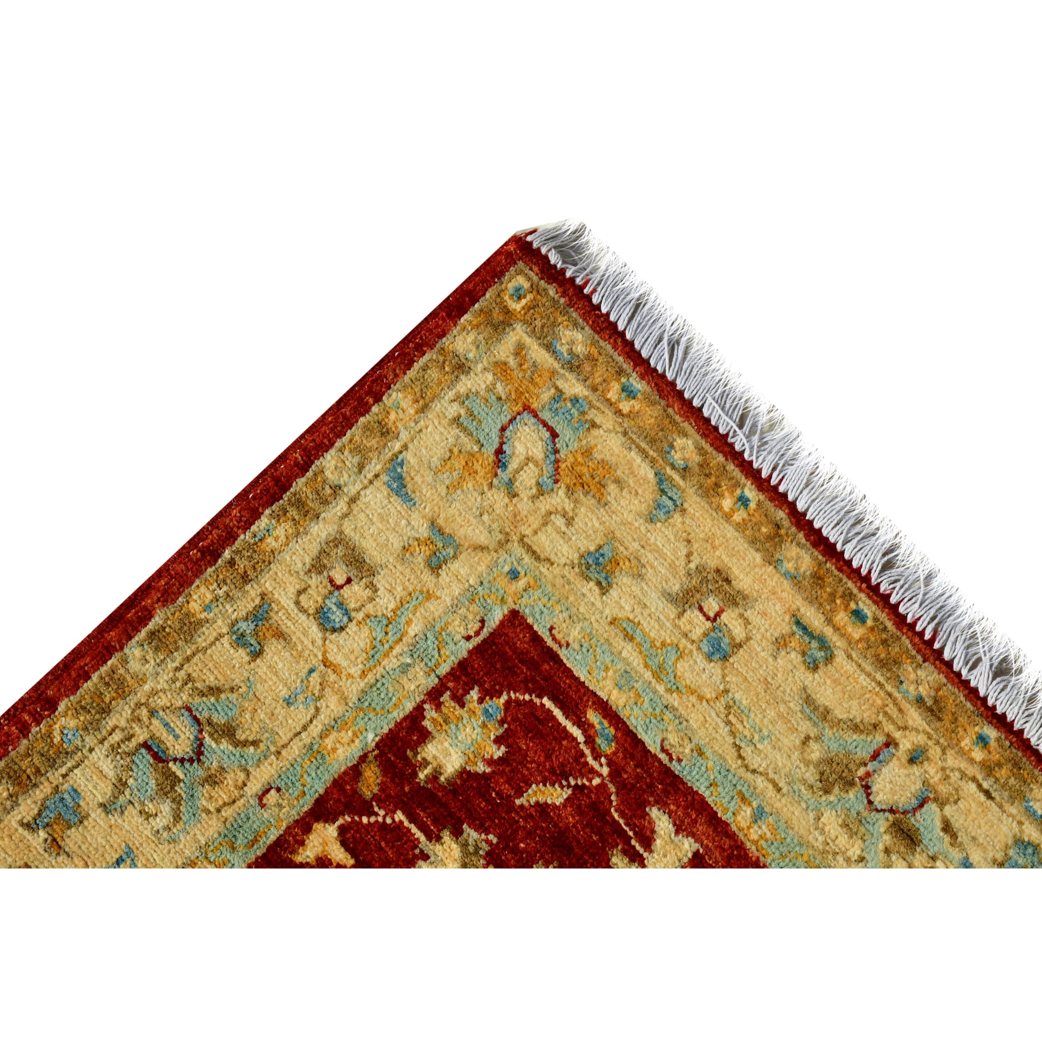 Handmade Afghan Aqcha Wool Rug 3x10 ft corner close-up of floral and vine tendril motifs