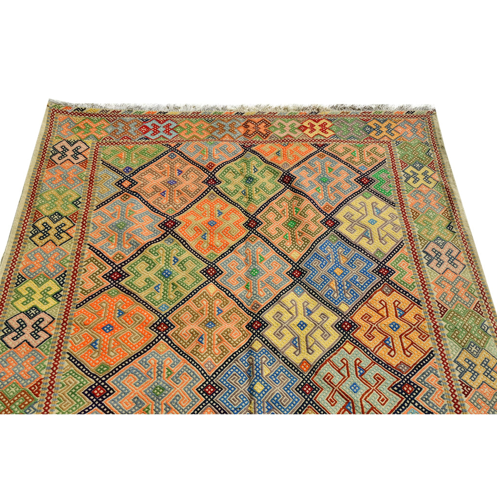 Handmade Afghan Aqcha Wool Rug 6x10 ft close-up detail of geometric motifs and natural dye colors