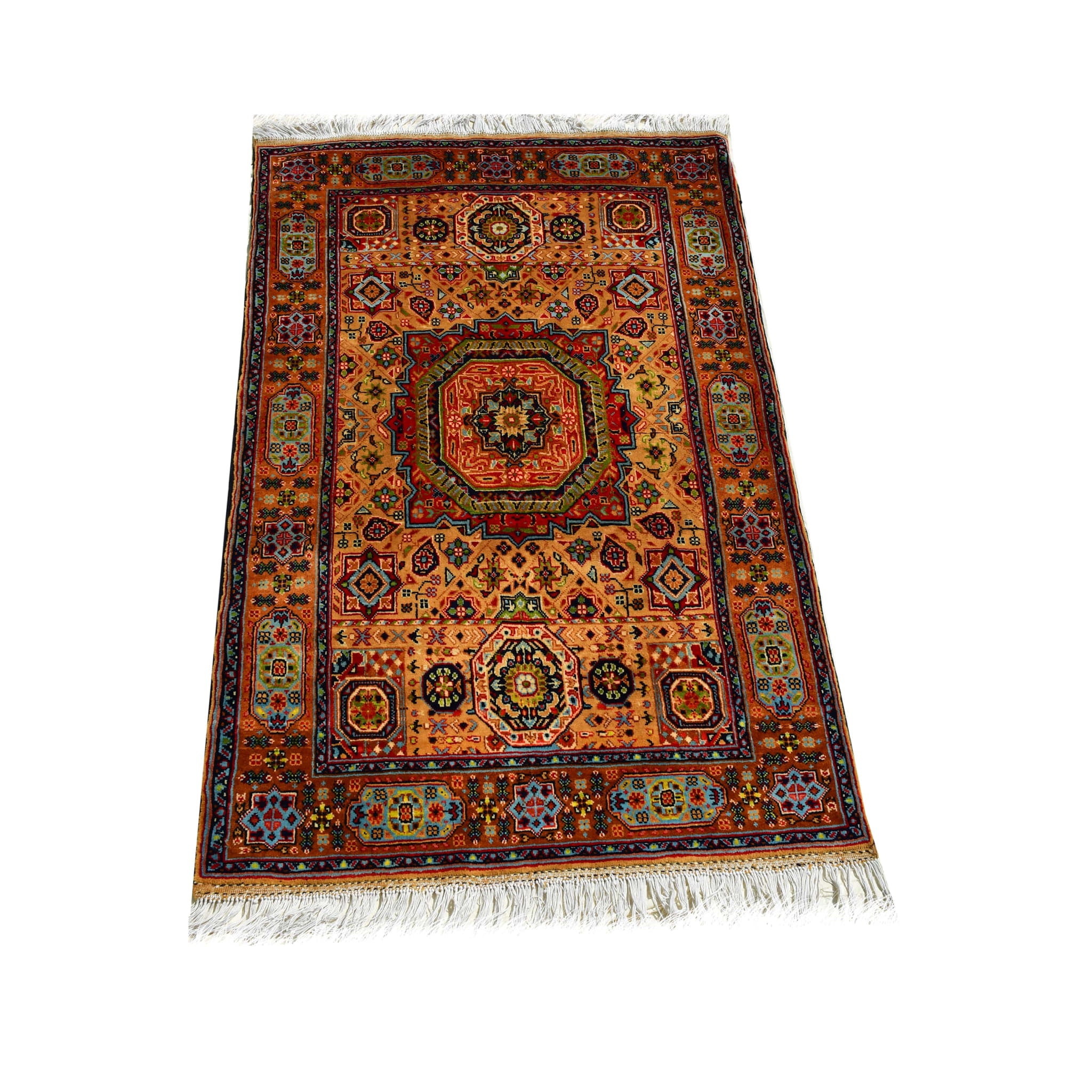 Handmade Afghan Aqcha Wool Rug 3x5 ft full view showing Mamluk Naqsha geometric pattern with central octagonal medallion