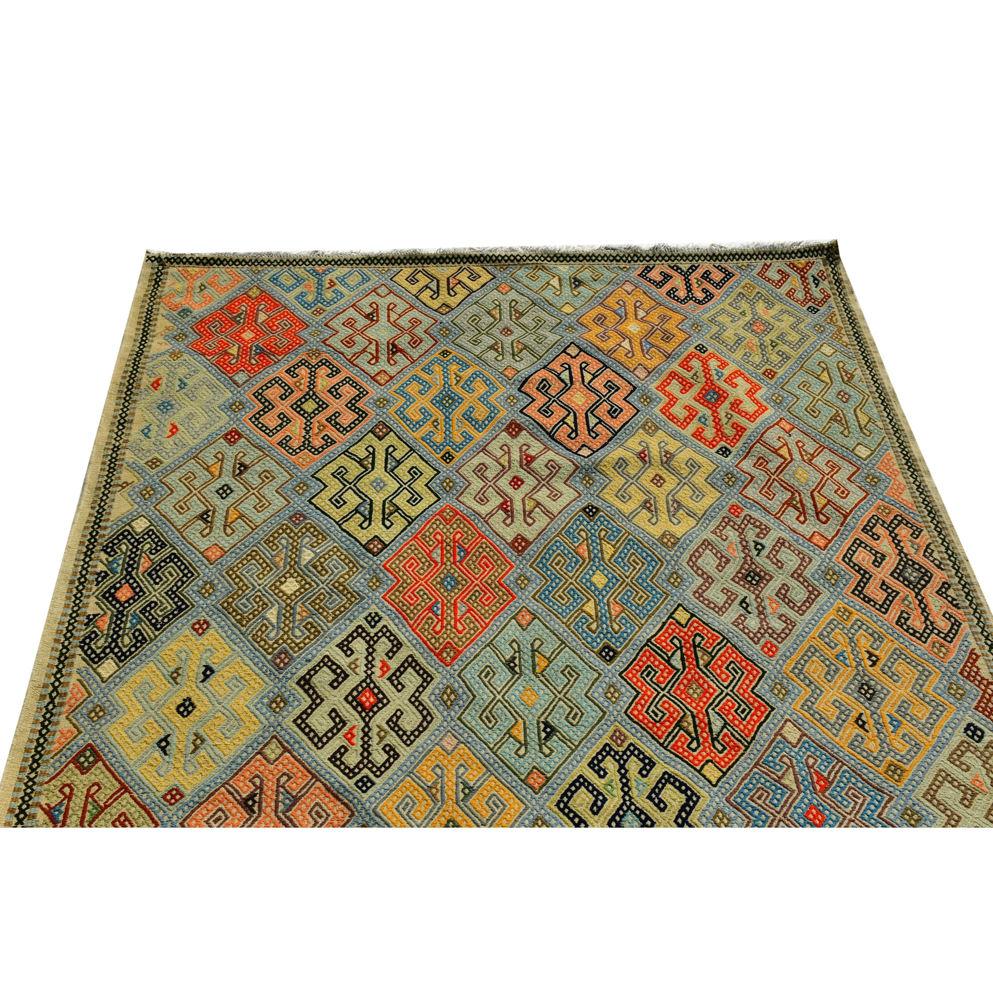 Handmade Afghan Aqcha Wool Rug 7x10 ft close-up detail of latch hook motifs in vegetable dyes