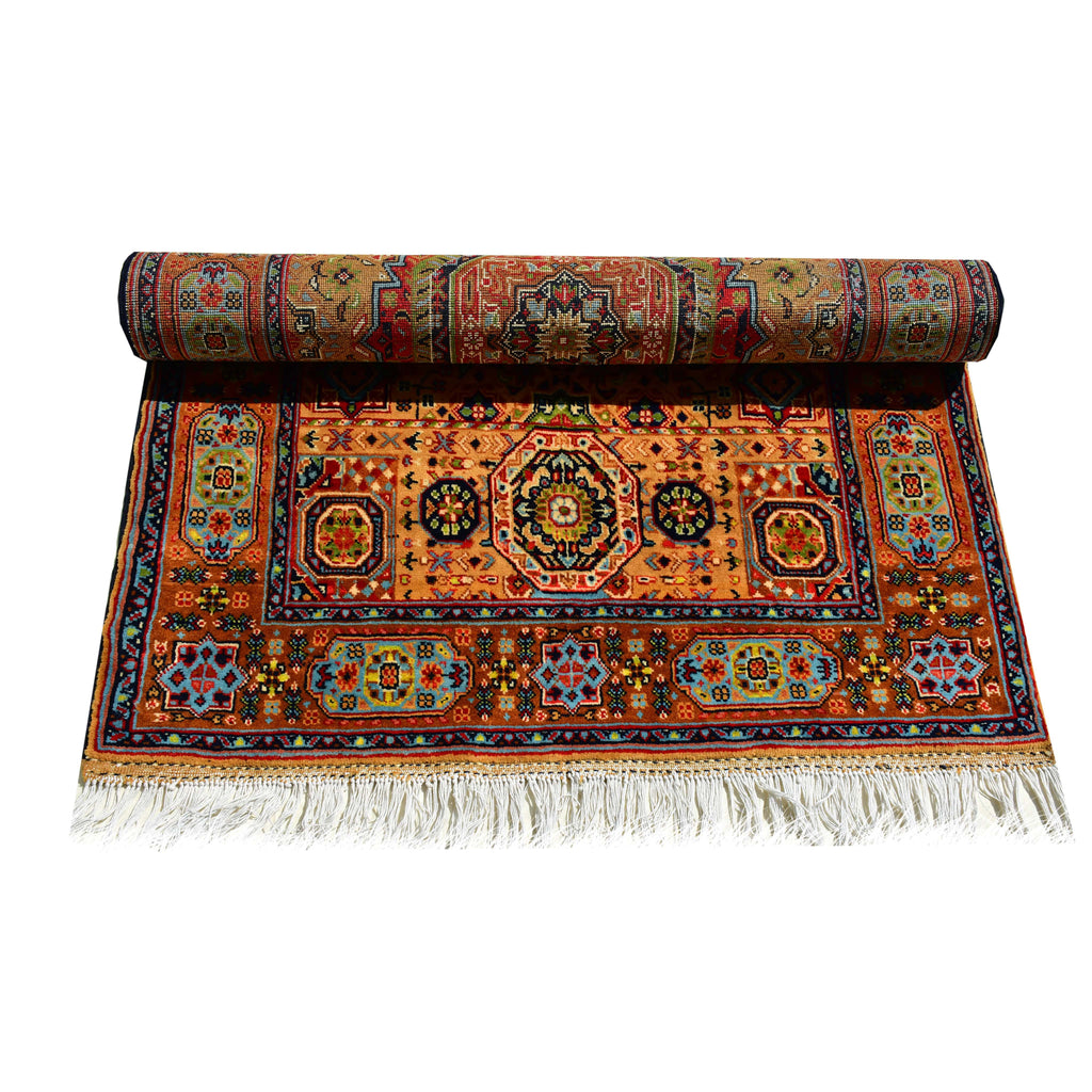 Handmade Afghan Aqcha Wool Rug 3x5 ft partially rolled showing pattern continuity and weave