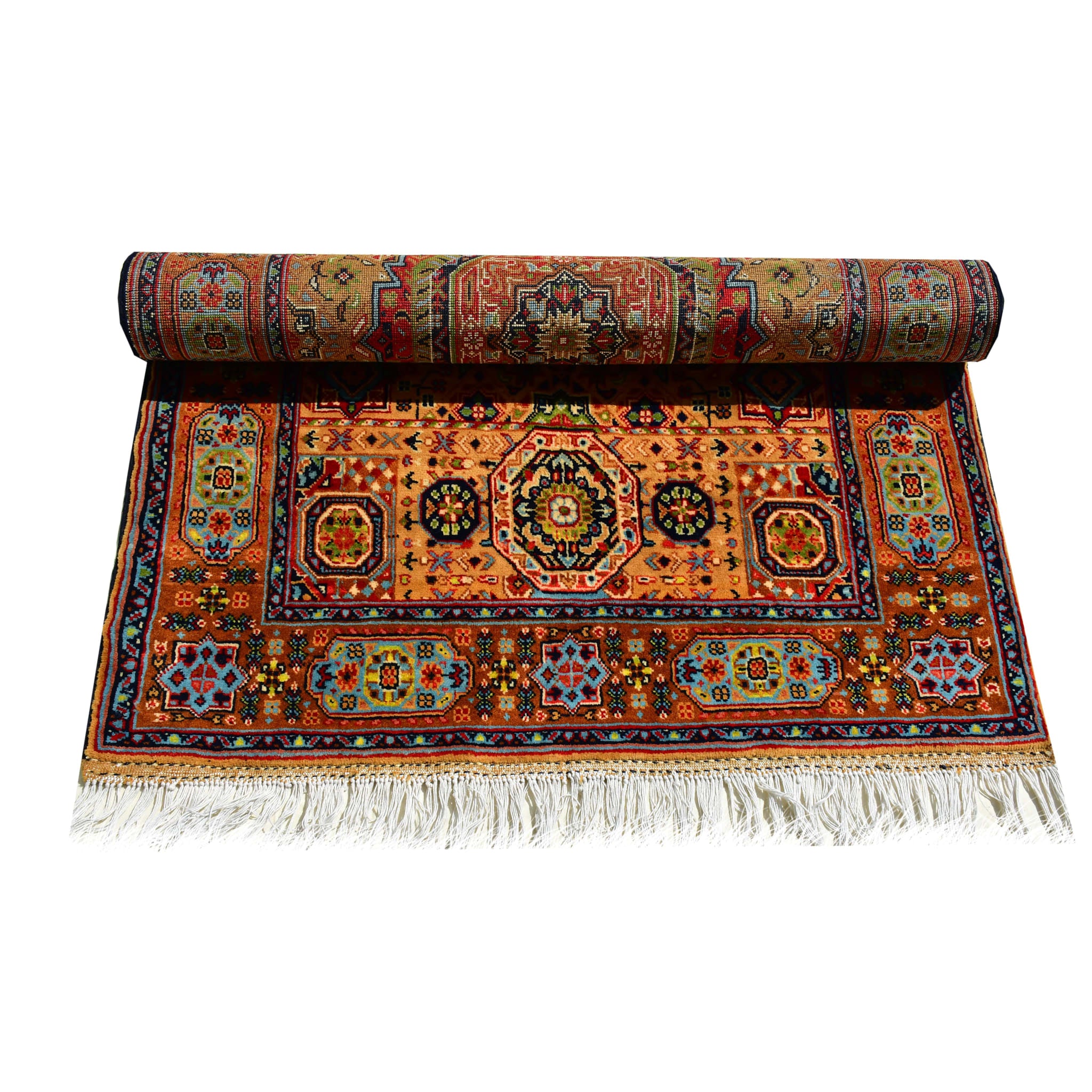 Handmade Afghan Aqcha Wool Rug 3x5 ft partially rolled showing pattern continuity and weave