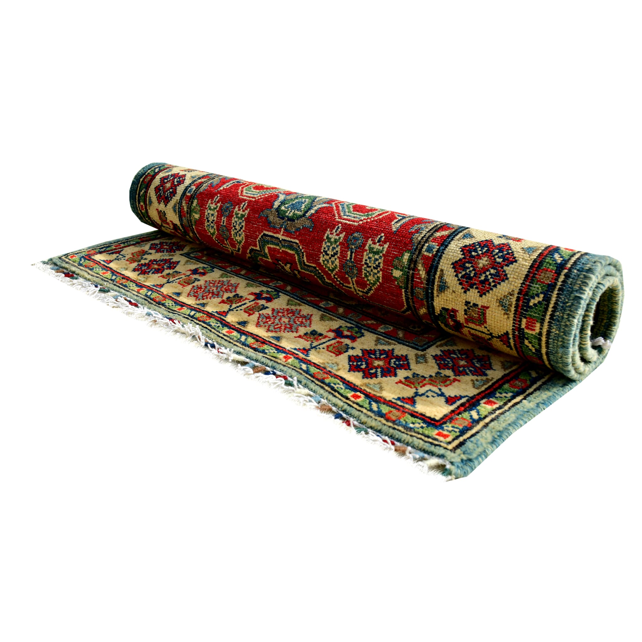 Handmade Afghan Aqcha Wool Rug 2.5x4 ft rolled view emphasizing fringe and bordered edge