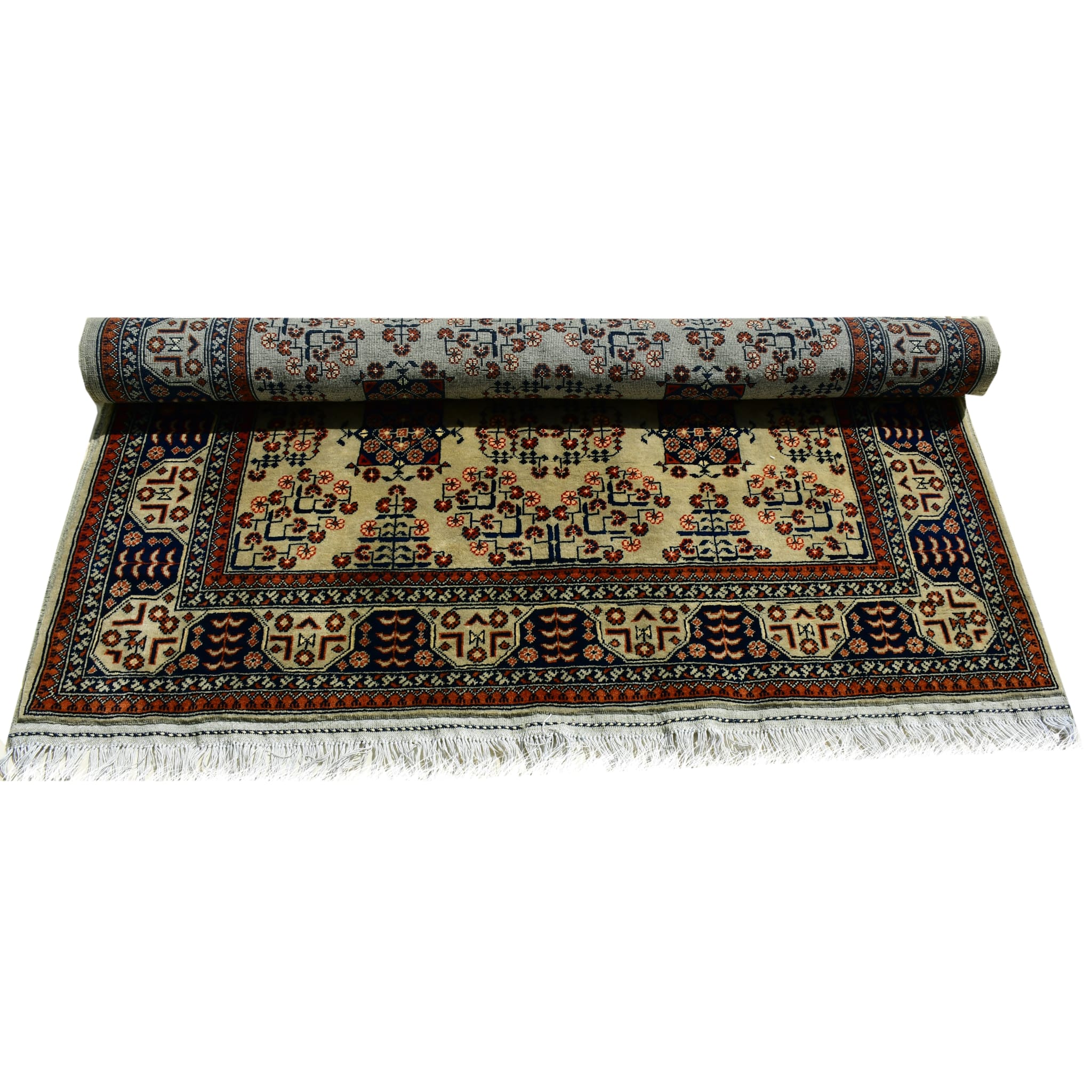 Handmade Afghan Aqcha Wool Rug 5x7 ft fully rolled showcasing underside knotting and fringe