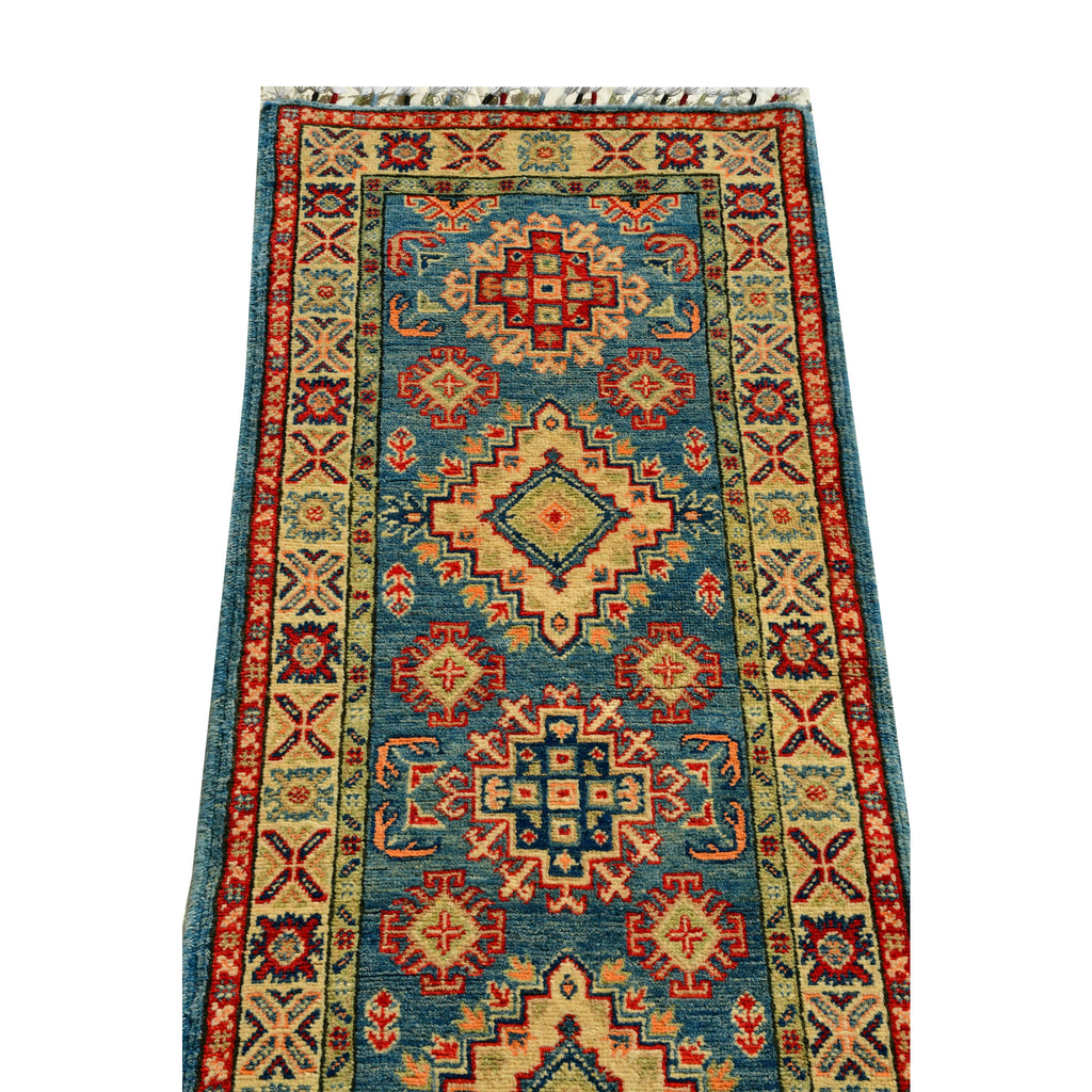 Handmade Afghan Aqcha Wool Rug 2x6 ft upper section detail featuring cross motifs and tribal geometric forms