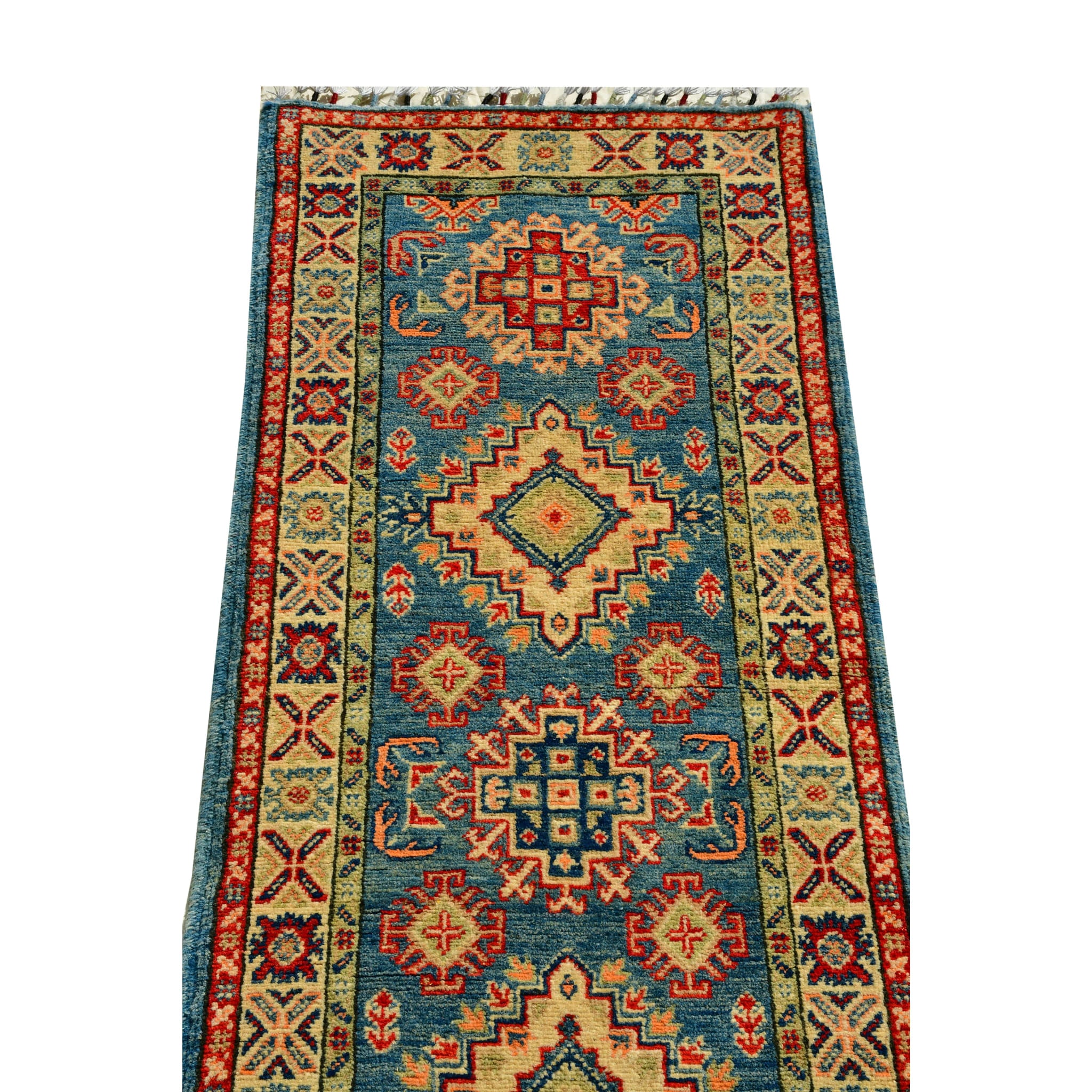 Handmade Afghan Aqcha Wool Rug 2x6 ft upper section detail featuring cross motifs and tribal geometric forms