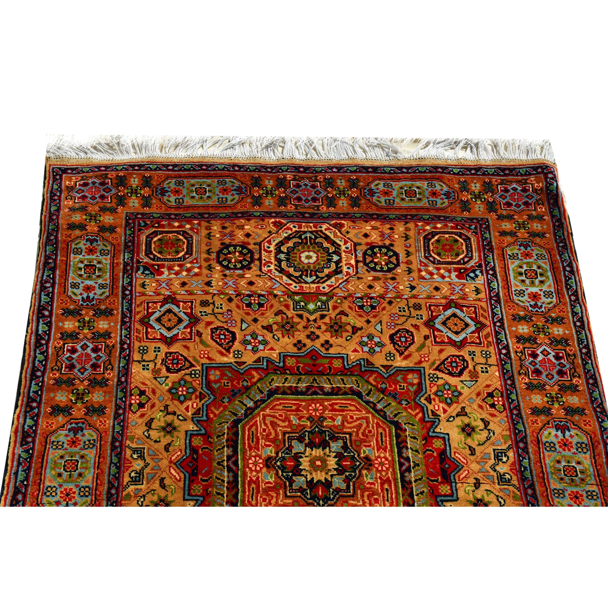Handmade Afghan Aqcha Wool Rug 3x5 ft top section close-up of intricate motifs and ivory fringe