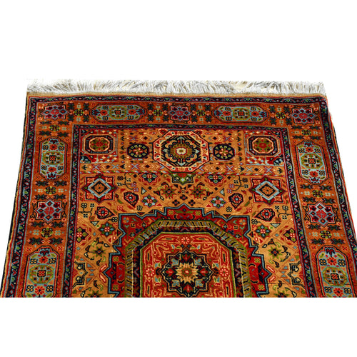 Handmade Afghan Aqcha Wool Rug 3x5 ft top section close-up of intricate motifs and ivory fringe