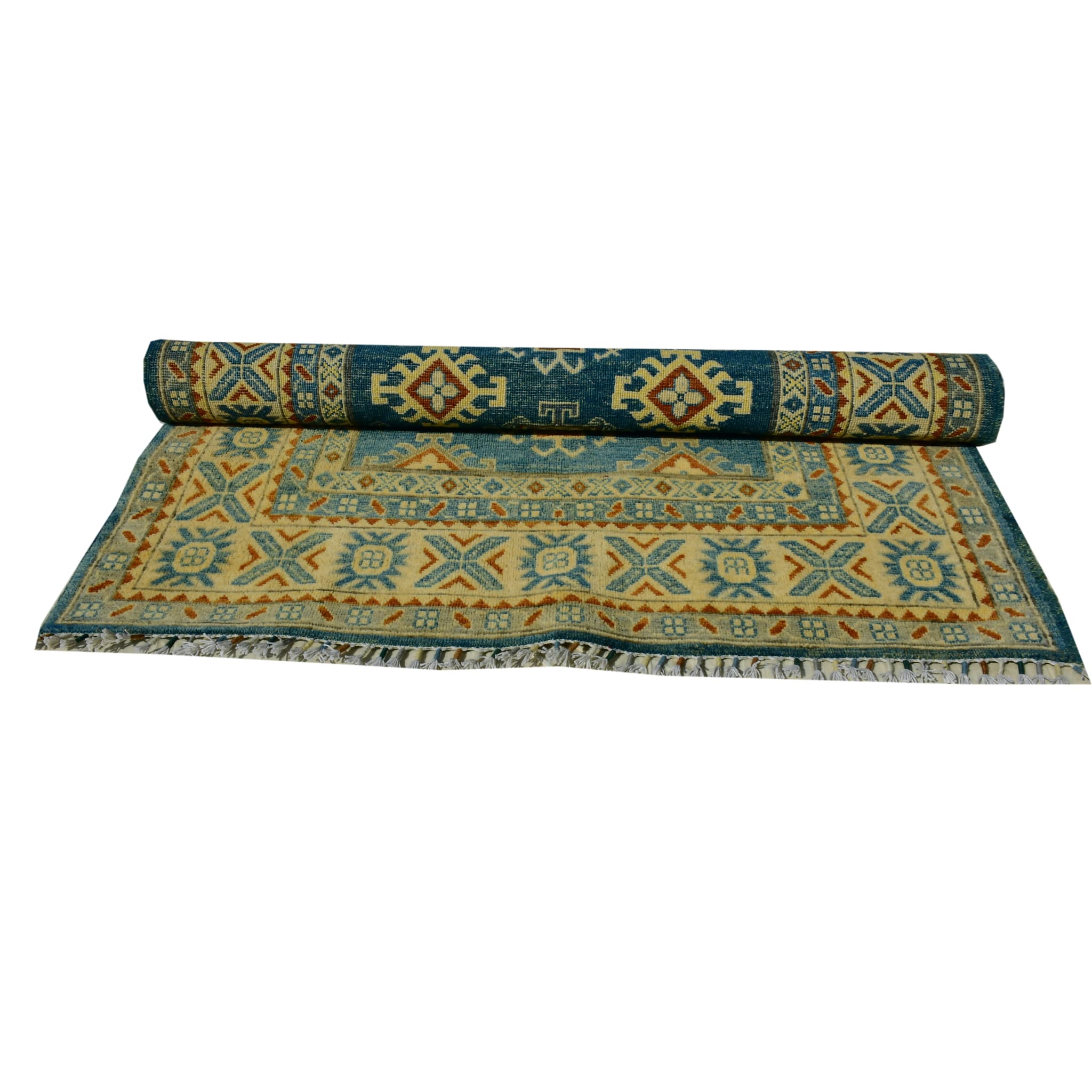 Handmade Afghan Aqcha Wool Rug 4x6 ft stacked view with visible diamond medallion motifs