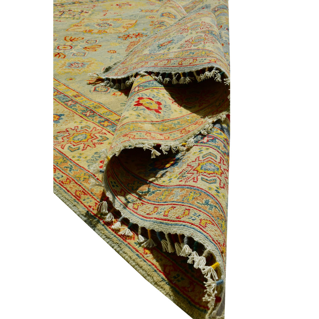 Handmade Afghan Aqcha Wool Rug 5x8 ft rolled edge emphasizing the wool flexibility and softness