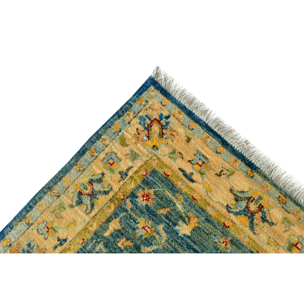Handmade Afghan Aqcha Wool Rug 3x10 ft corner detail showing fringe and saffron border scroll
