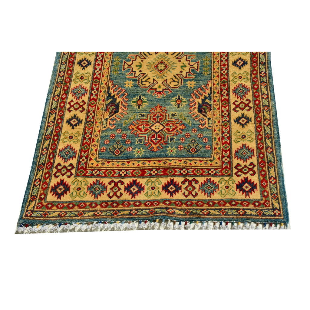 Handmade Afghan Aqcha Wool Rug 4x5 ft lower section showing meander border and hand tied fringe