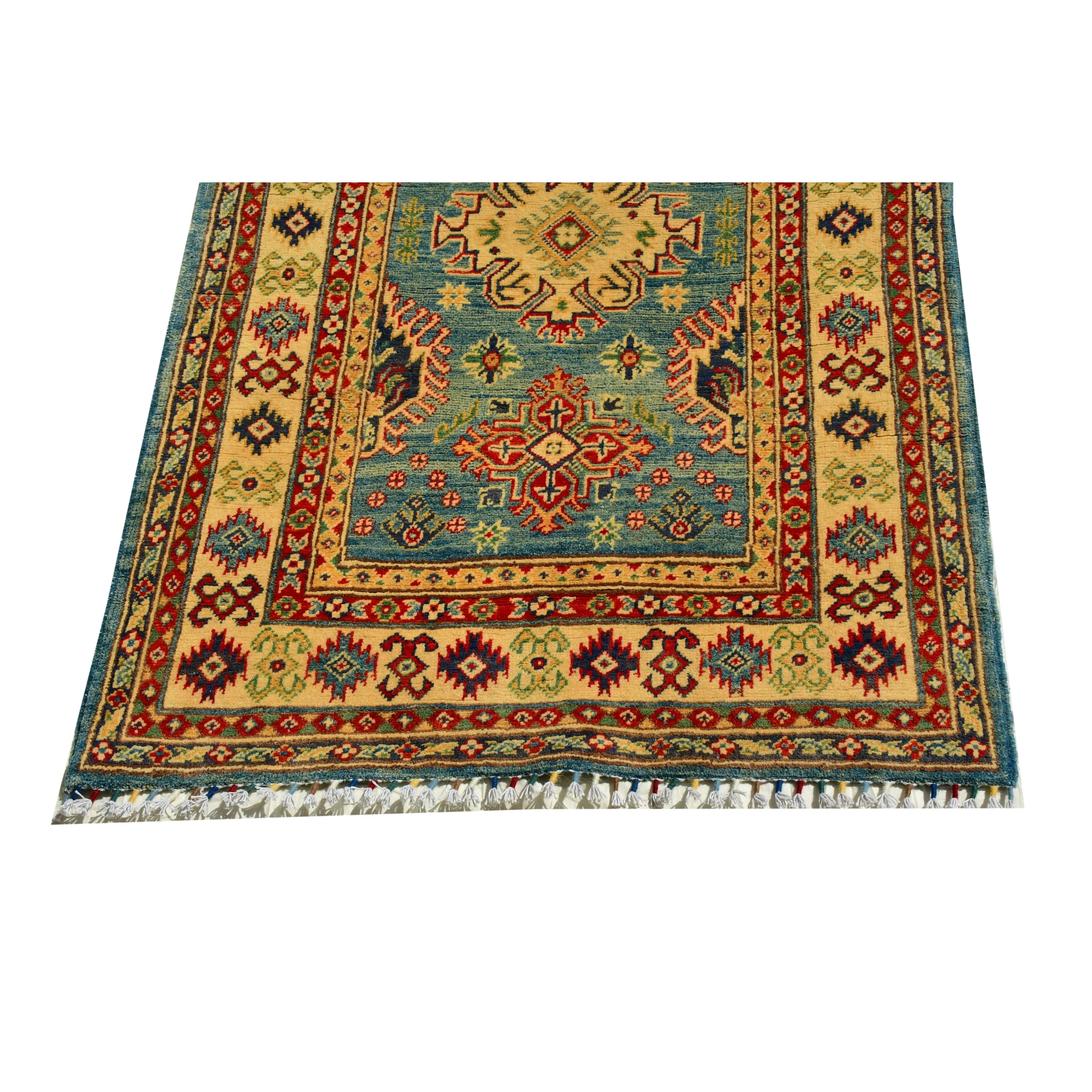 Handmade Afghan Aqcha Wool Rug 4x5 ft lower section showing meander border and hand tied fringe