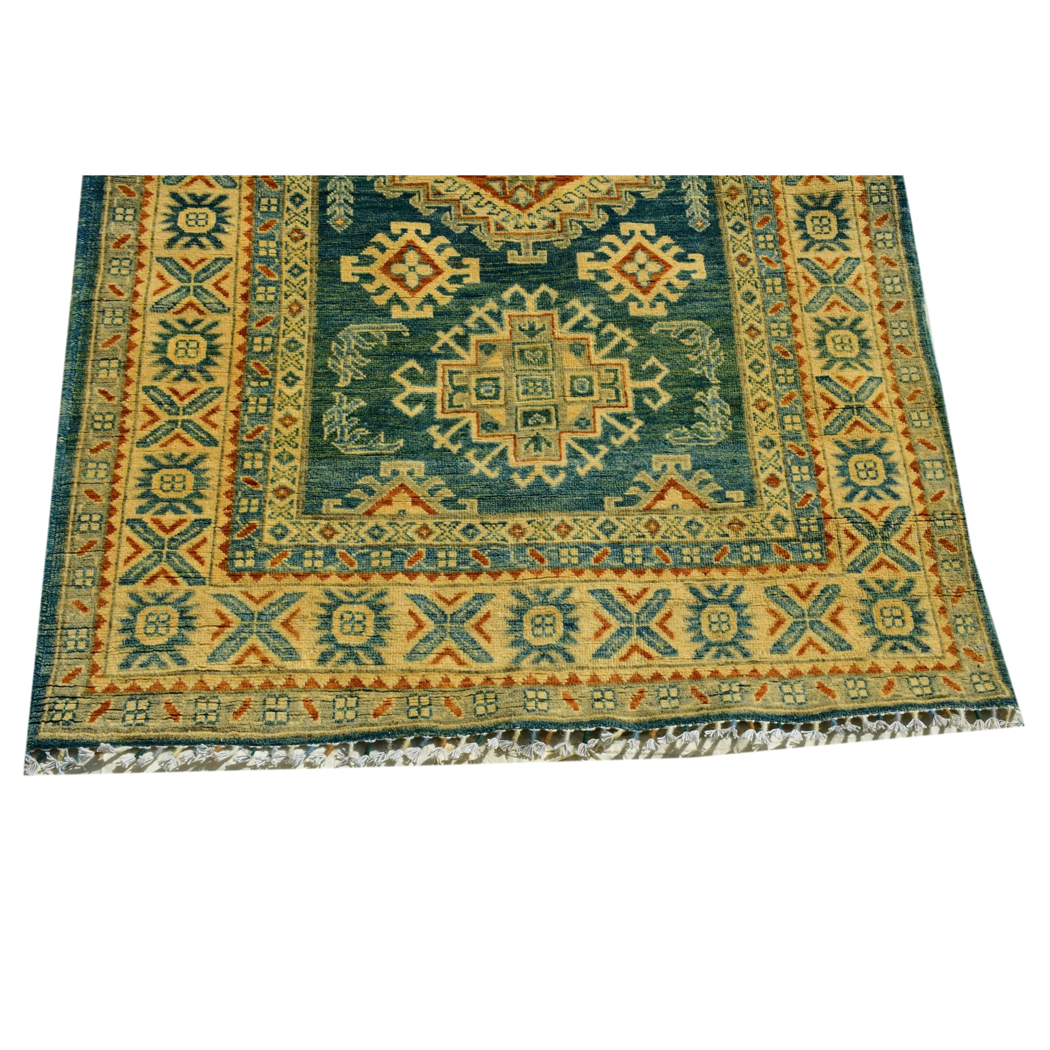 Handmade Afghan Aqcha Wool Rug 4x6 ft corner detail highlighting fringe and border pattern