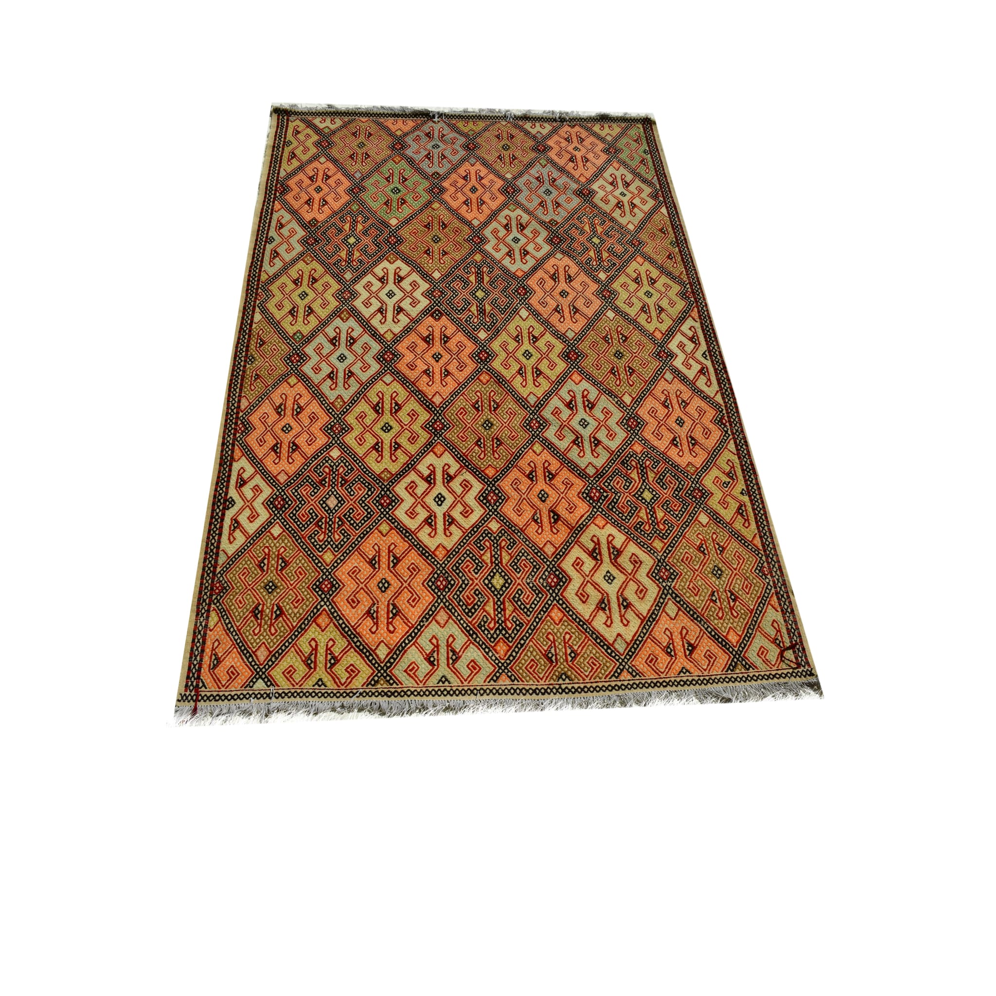 Handmade Afghan Aqcha Wool Rug 6x10 ft front view with full geometric diamond pattern in vibrant saffron and madder tones