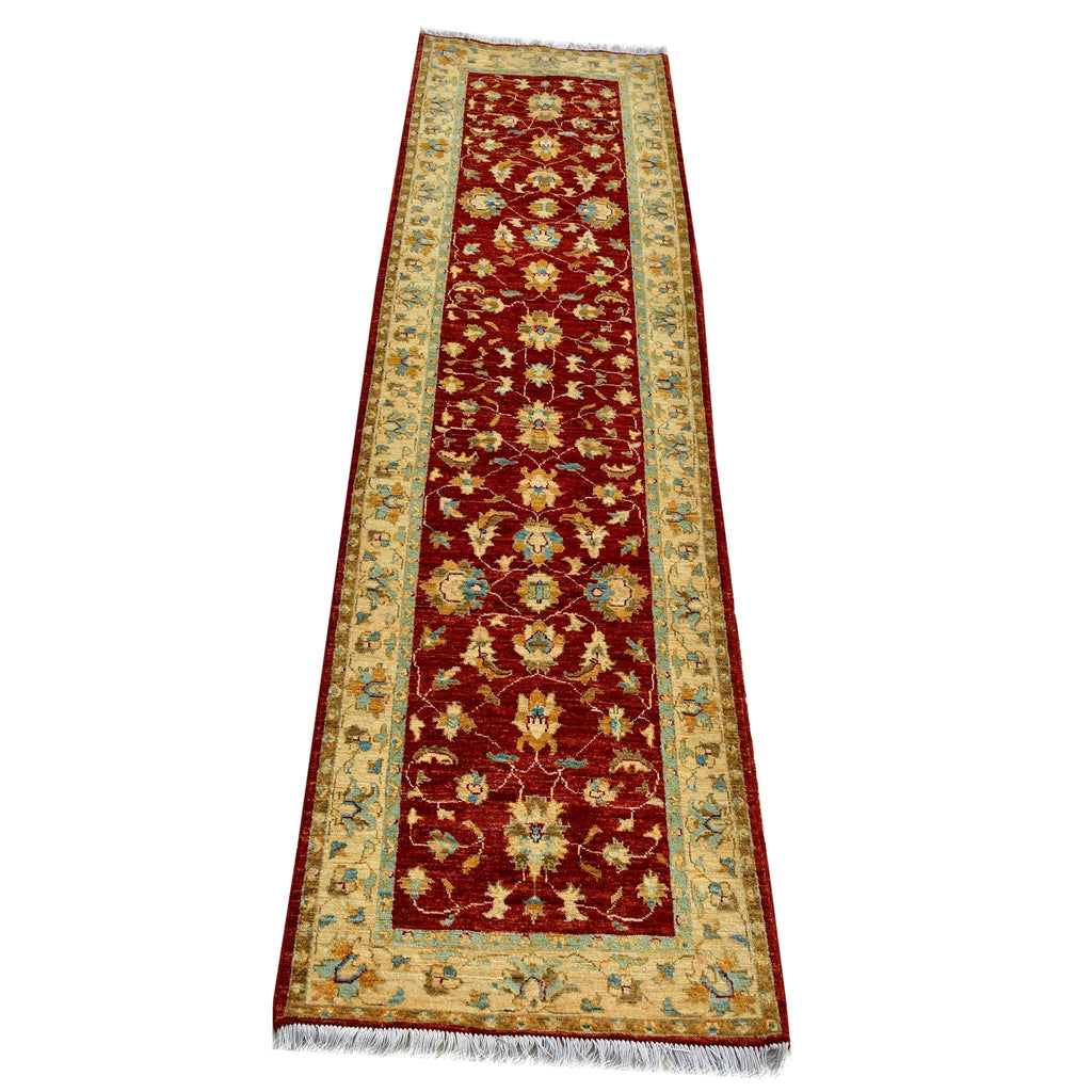 Handmade Afghan Aqcha Wool Rug 3x10 ft full front view with red and ivory floral Chobi pattern