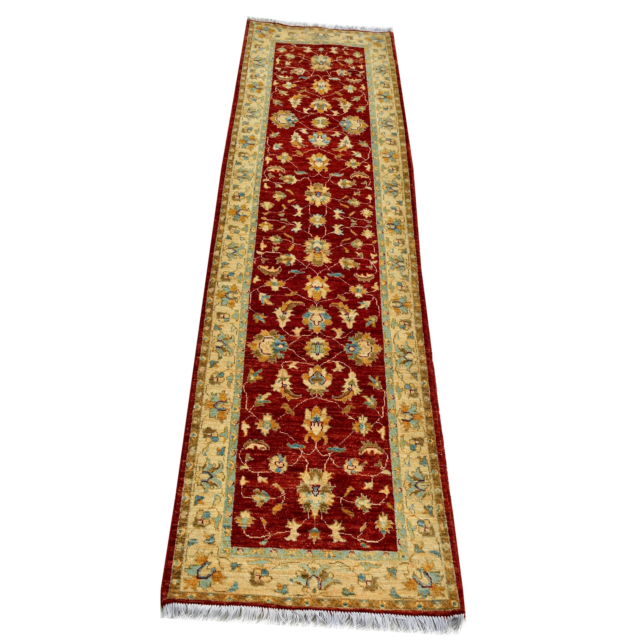 Handmade Afghan Aqcha Wool Rug 3x10 ft full front view with red and ivory floral Chobi pattern