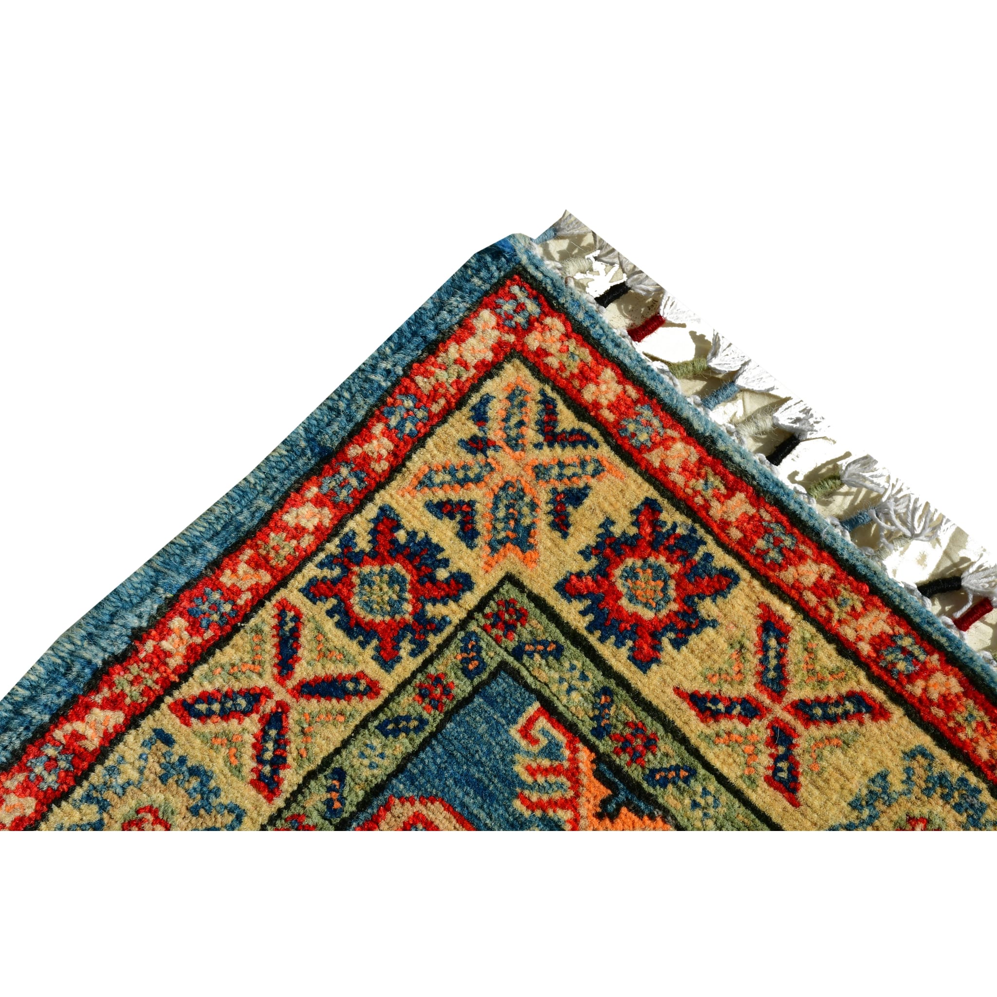 Handmade Afghan Aqcha Wool Rug 2x6 ft corner showing latch hook design and intricate border weave