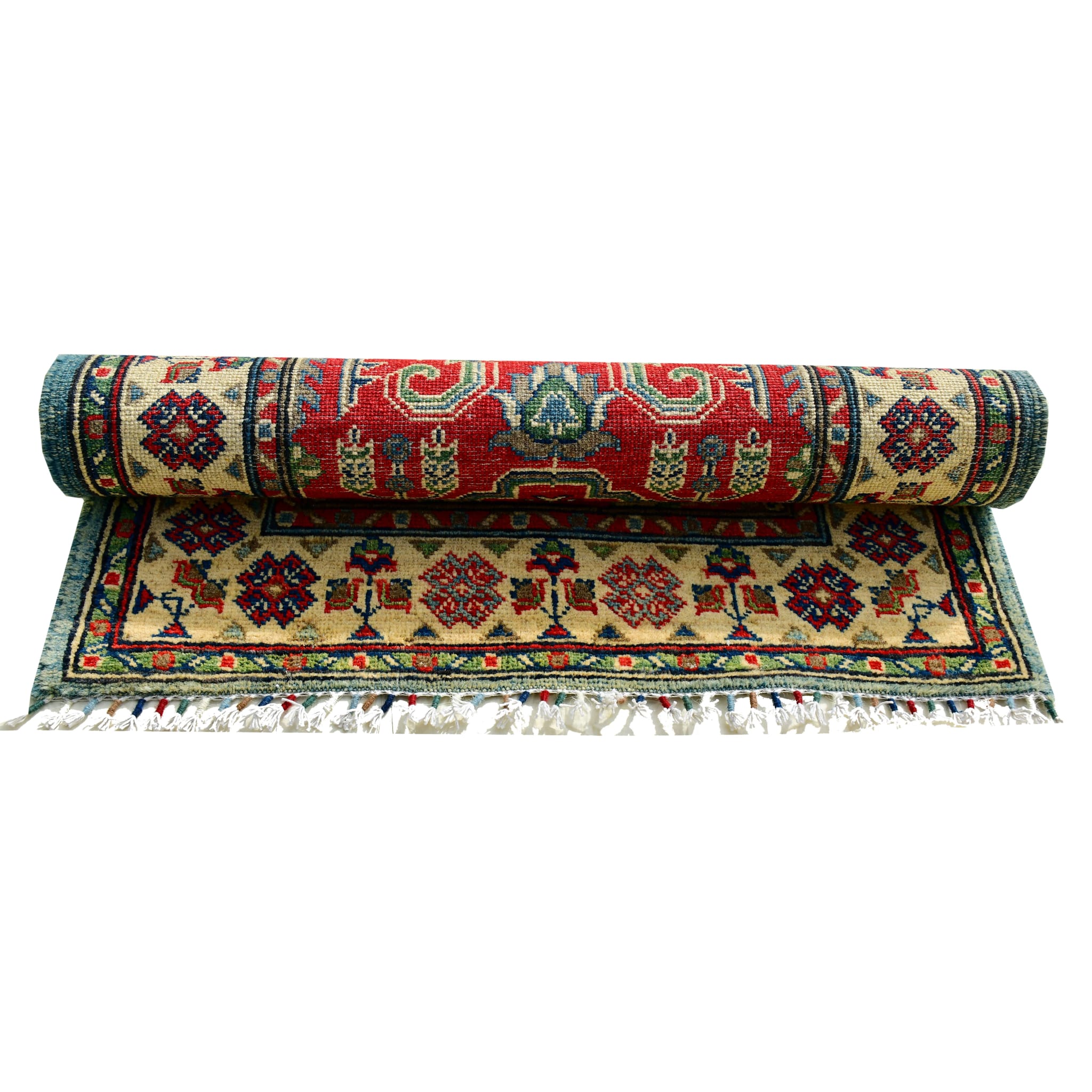Handmade Afghan Aqcha Wool Rug 2.5x4 ft partially rolled showing wool thickness