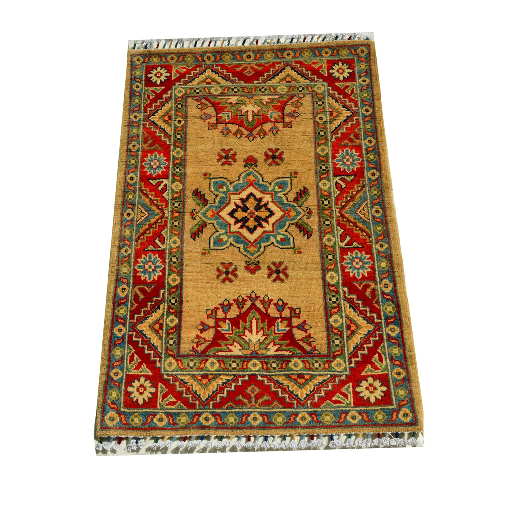 Handmade Afghan Aqcha Wool Rug 2.5x4 ft side angle showing vibrant madder red and teal color vibrancy
