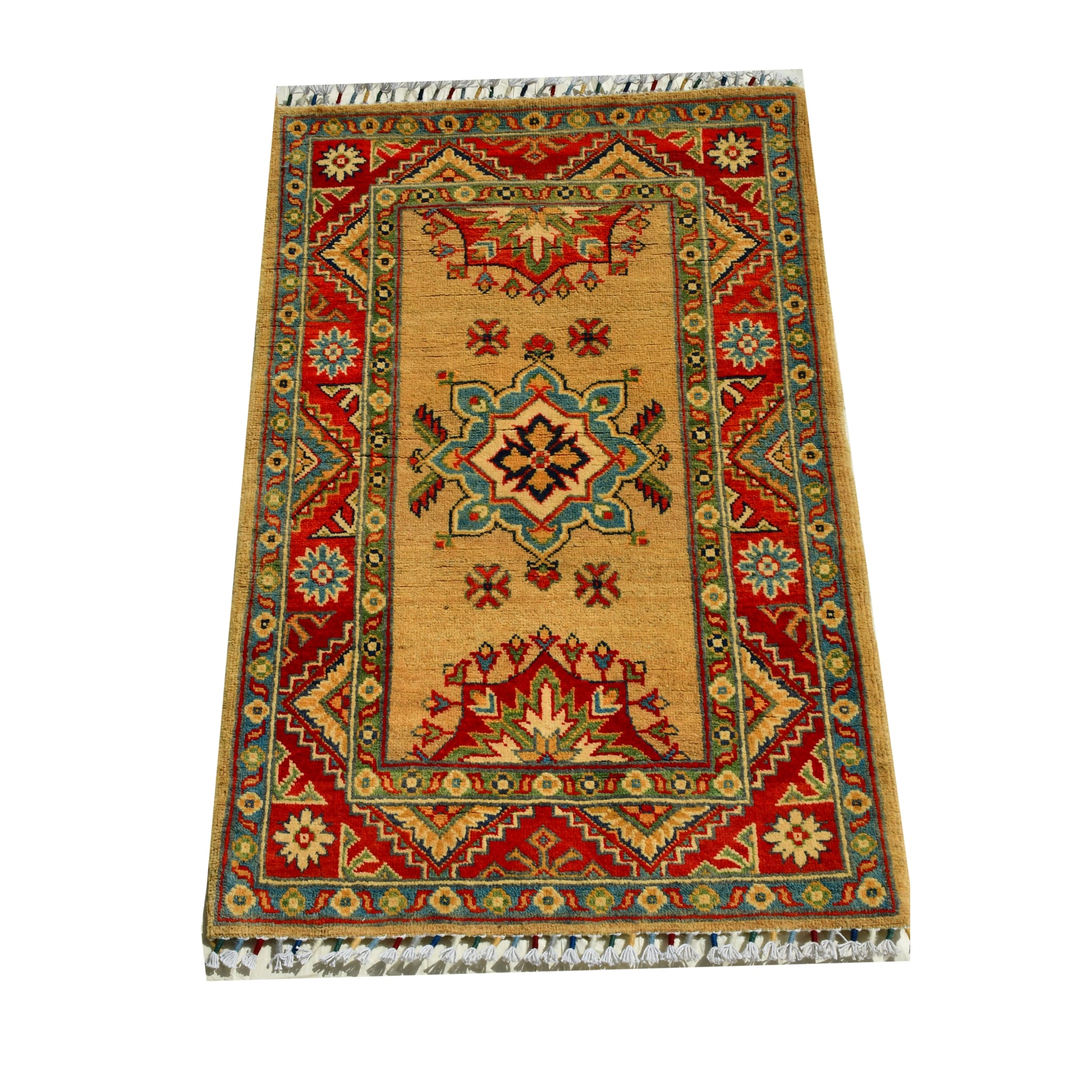 Handmade Afghan Aqcha Wool Rug 2.5x4 ft side angle showing vibrant madder red and teal color vibrancy