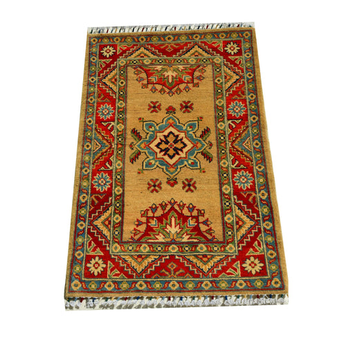 Handmade Afghan Aqcha Wool Rug 2.5x4 ft side angle showing vibrant madder red and teal color vibrancy